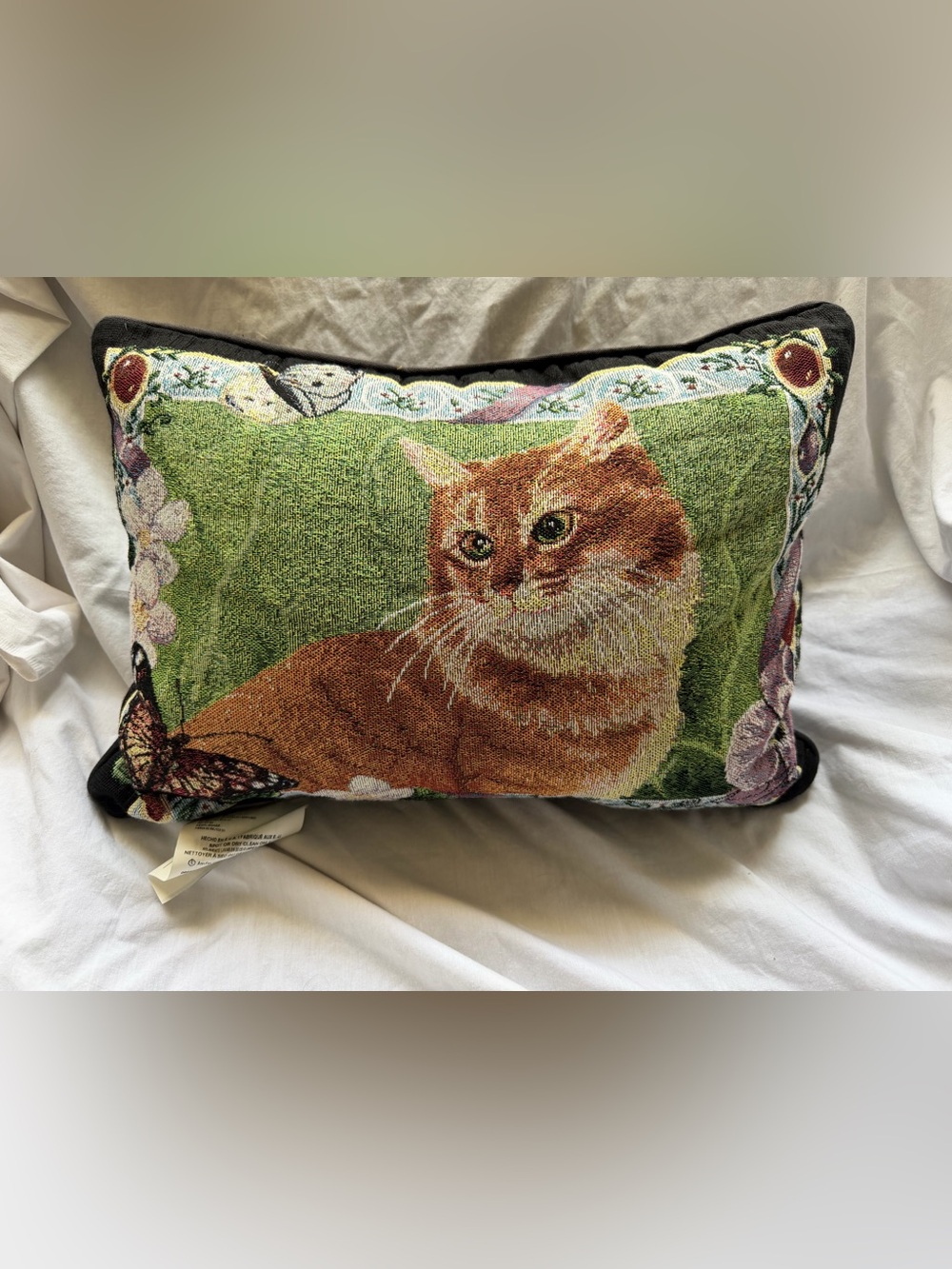 Tapestry Cat Decorative Pillow - Ginger Cat on Green 18x13